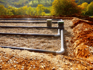 Installation d'un système d'assainissement avec tuyaux d'épandage noirs sur lit de gravier en milieu rural.